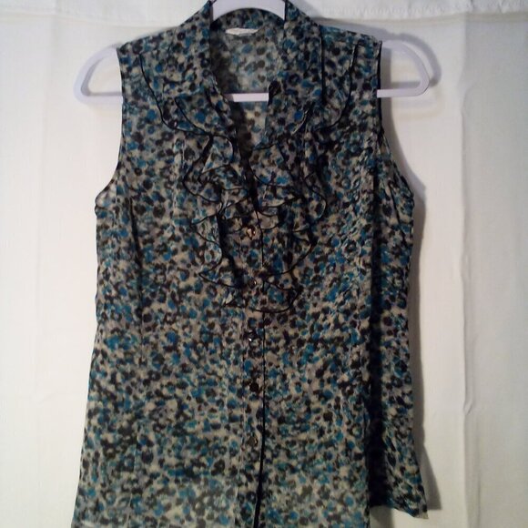 Tahari Tops - Tahari Blouse Women PS Petite S Sleeveless Sheer Ruffle Button Up Print